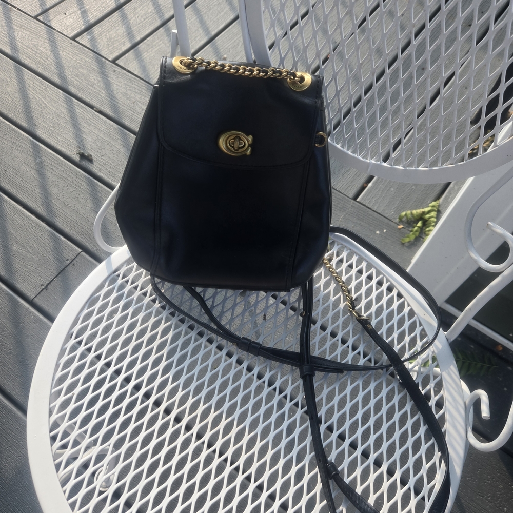 Coach Black Leather Backpack with Gold Accents